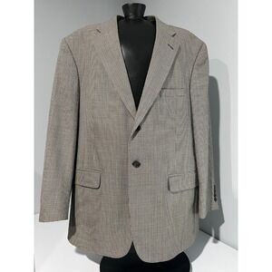 Stafford Mens Micro Houndstooth Plaid Beige Blazer Jacket 44R 100% Wool 2-Button